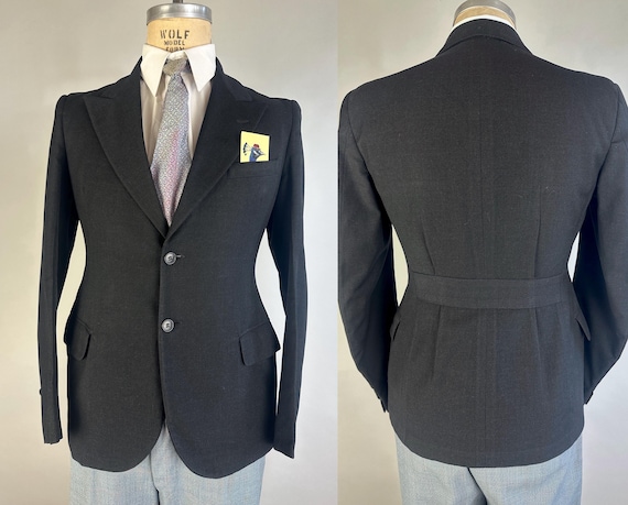 1930s Card Party Belted Back Jacket | Vintage 30s Black Wool Single Breasted Peak Lapel Sport Coat Blazer with Pleated Back | Size 36 Small