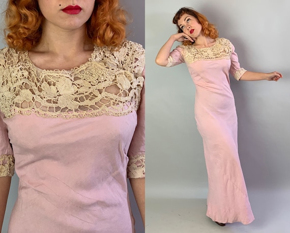 1930s Pretty in Pink Gown | Vintage 30s Blush Pink Linen Summer Tea Garden Bias Cut Long Dress with Ecru Lace Yoke and Trim | Medium