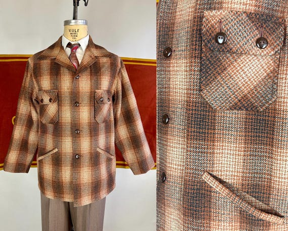 1940s Falling for Fall Coat | Vintage 40s Autumnal Brown Black and Orange Plaid Wool Mackinaw Woodsman Jacket | Large