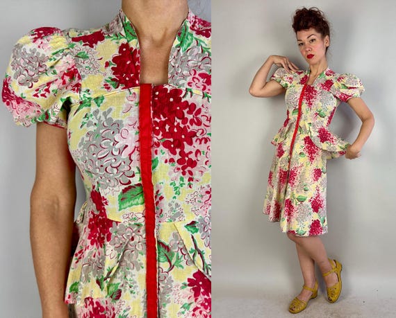 1930s Florence's Fresh Floral Frock | 30s Vintage Red Yellow Flower Blossom Puff Sleeve Cotton Seersucker Peplum Zip Up Dress | Small Medium