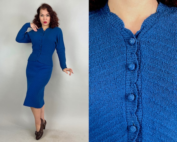 1950s Cool in Cobalt Knit Set | Vintage 50s Two Piece Blue Boucle Wool Curve Hugging Cardigan Sweater and Skirt Ensemble | Medium Large