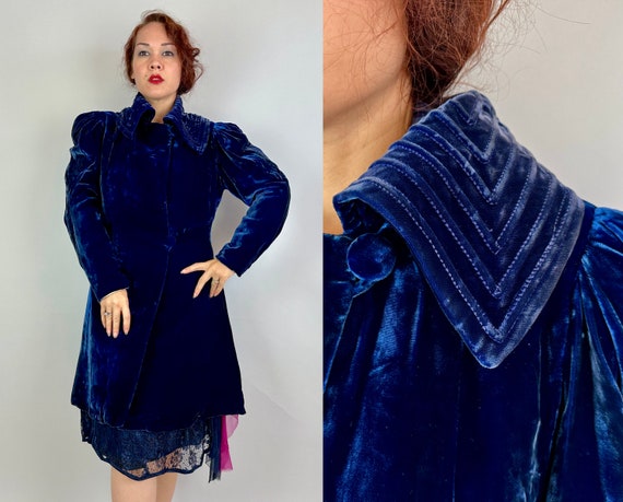 1930s Blue Blood Beauty Jacket | Vintage 30s Silk Velvet Short Opera Coat with Huge Trapunto Collar and Mutton Sleeves | Small Medium Large