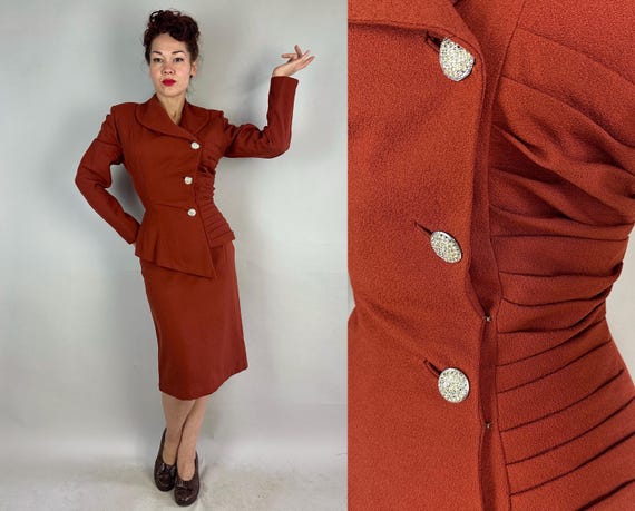 1950s Sugar and Spice Lilli Ann Suit | Vintage 50s Spiced Orange Wool Crepe Asymmetric Jacket & Skirt w/Rhinestone Buttons | Extra Small XS