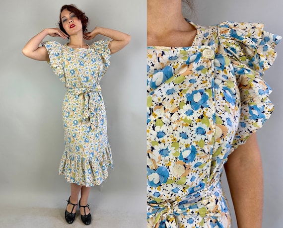 1930s Run Around Ruffles Dress | Vintage 30s Blue Orange White and Green Floral Cotton Pinafore Style Asymmetric Wrap Frock | Medium Large