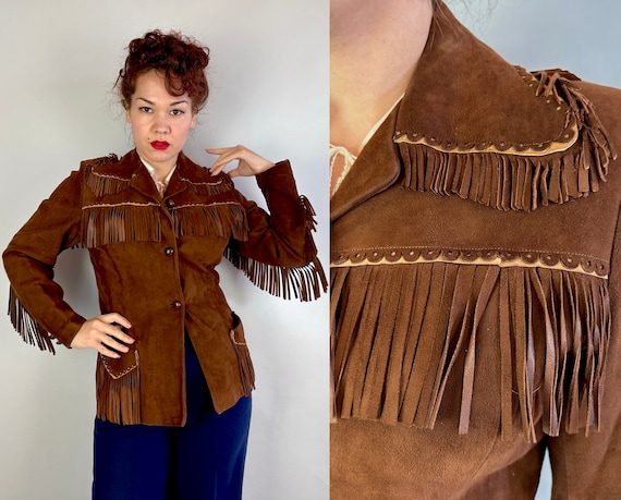1940s Frida's Fantastic Fringe Jacket | Vintage 40s Two Tone Brown Suede Fancy Cowgirl Leather Western Scallops Coat | Small/Extra Small XS