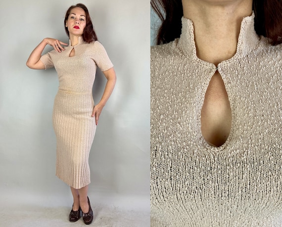 1940s Breathtaking Baby Knit Dress | Vintage 40s White Sand Beige Boucle Wool Knit Frock w/Keyhole Neck & Ribbed Skirt | Small Medium Large