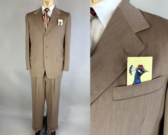 1950s Walk the Strand Suit | Vintage Early 50s Sandy Beige Wool Two-Piece Jacket and Drop-Looped Trousers Dated 1952! | Size 38 Medium