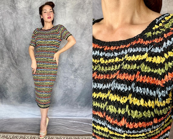 1950s Radiant Rainbow Ribbon Knit Dress | Vintage 50s Multi-Color Short Sleeve Frock | XS Extra Small Small Medium Large Extra Large XL