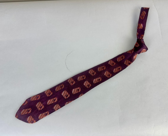 1930s Candy Shoppe Necktie | Vintage 30s Aubergine Silk Self Tie Cravat w/Brocade Weave of Orange Red and Silver Striped Tablets