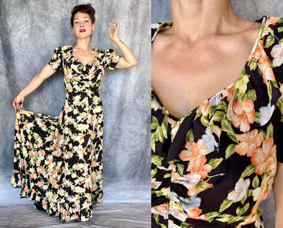 1940s Happening Hibiscus Holoku Gown | Vintage 40s Black Pink Yellow Blue Green Flower Print Rayon Hawaiian Dress w/Ruffle Train | Medium