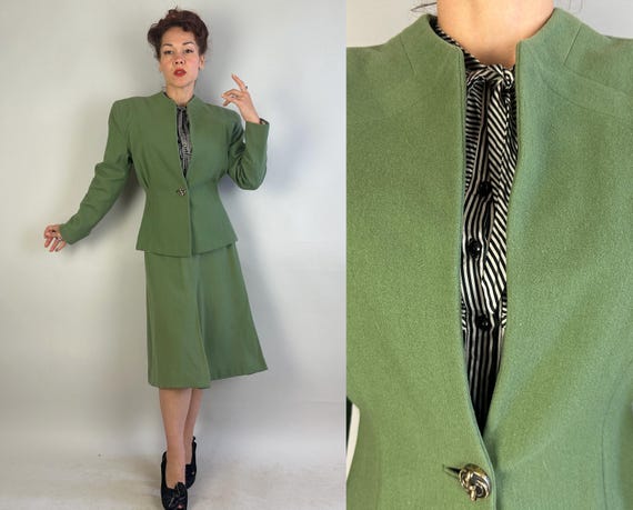 1940s Sagely Smart Suit | Vintage 40s Green Wool Single Metallic Knot Button Ladies Blazer Jacket and Skirt Set w/Strong Shoulders | Large