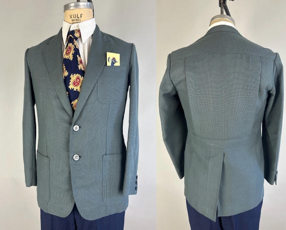 1950s Not For the Birds Belted Back Jacket | Vintage 50s Slate Blue Textured Bird's Eye Wool Single Breasted Sport Coat | Size 38 Medium