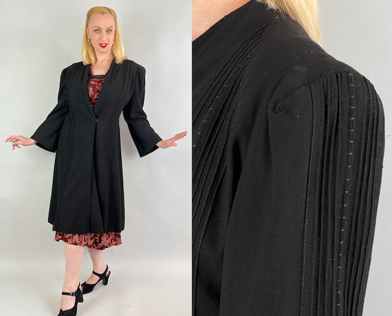 1940s Sultry Swing Coat | Vintage 40s Jet Black Wool Crepe Overcoat with Pin Tucking Details snd Dramatic Shoulder Pads  | Medium/Large