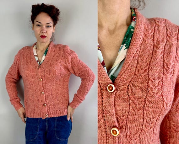 1940s Cabled Coral Cutie Cardigan | Vintage 40s Pink Wool Cable Knit Sweater with Two Tone Celluloid Buttons | Small Medium