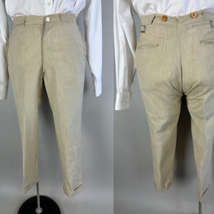 1920s Belted Back Suit Vintage 20s Antique Oatmeal and White Pinstripe Peak Lapel Tunnel Loops Jacket & Pants Dated 1929 Size 34 Small image 8