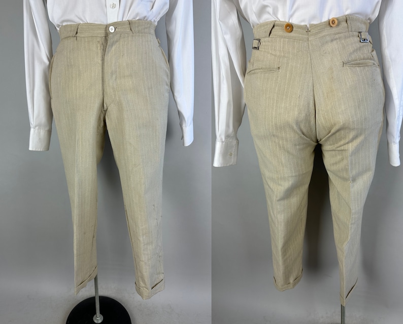 1920s Belted Back Suit Vintage 20s Antique Oatmeal and White Pinstripe Peak Lapel Tunnel Loops Jacket & Pants Dated 1929 Size 34 Small image 8