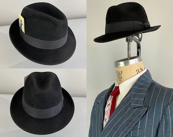 Chapeau fedora style détective des années 40 | Chapeau en feutre de fourrure noir de jais vintage des années 40 avec bande gros-grain par « Biltmore » | Taille 7 Moyenne