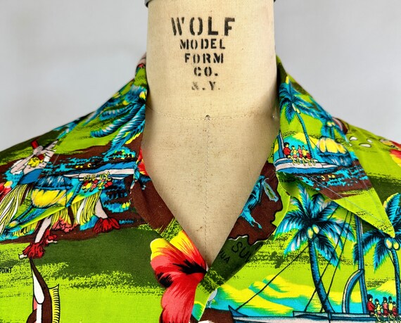 1950s Hawaiian Holiday Shirt | Vintage 50s Green Blue Brown and Coral Rayon Tiki Button Up Top with Tropical Scenes | Extra Large XL View 4