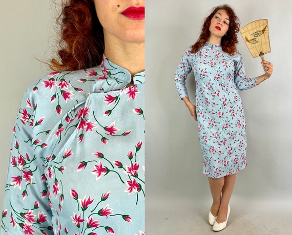 1930s Spring Fling Cheongsam | Vintage 30s Sky Blue with Pink and Green Flower Print Textured Rayon QiPao Chinese Dress | Small Medium