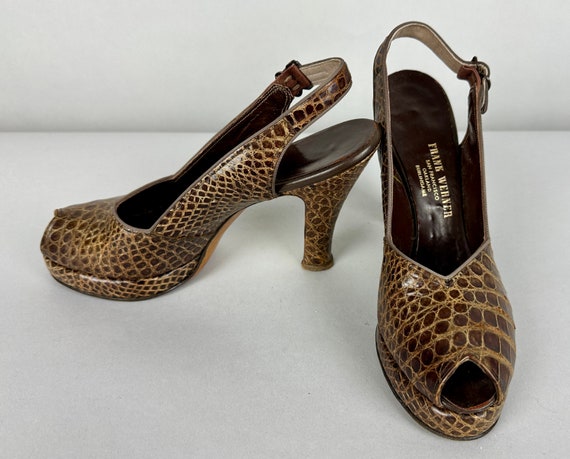 1940s Gators for Your Gait Pumps | Vintage 40s Brown Alligator Leather Slingback Peeptoe Platform High Heel Shoes | Size US 7.5 7&1/2