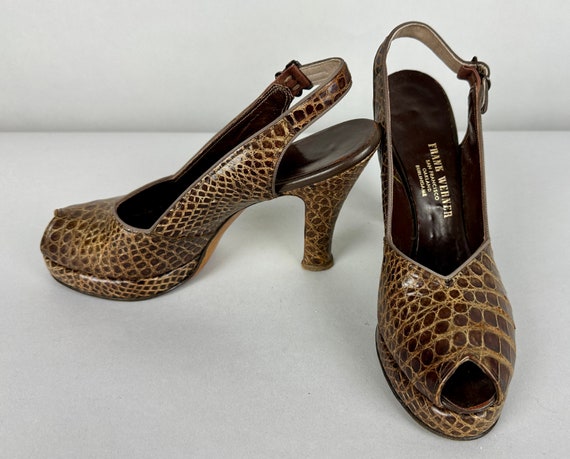 1940s Gators for Your Gait Pumps | Vintage 40s Brown Leather Slingback Peeptoe Platform High Heel Shoes | Size US 7.5 7&1/2