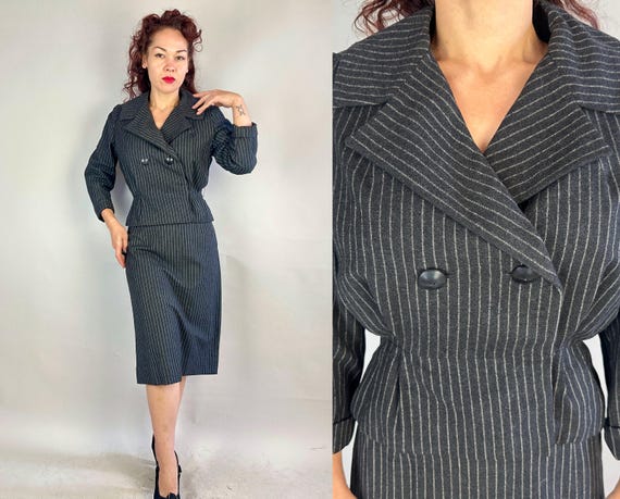 1940s Glamorous Gal Friday Suit | Vintage 40s Charcoal with Smoke Grey Stripe Wool Double Breasted Hourglass Jacket & Skirt | Extra Small XS