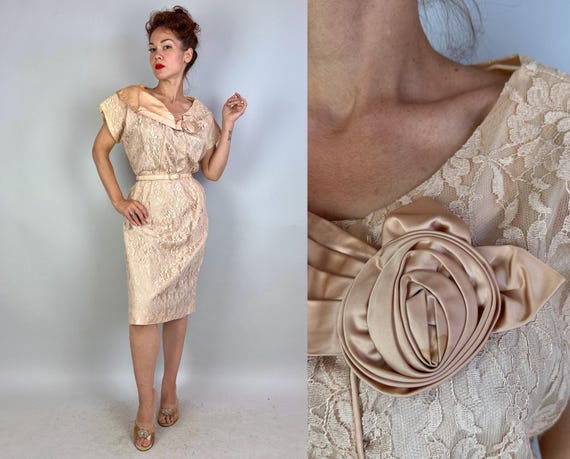 1950s Lithe Lady in Lace Dress | Vintage 50s Pink Champagne Floral Lace Overlay Party Cocktail Frock with Belt and Rosette | Extra Large XL