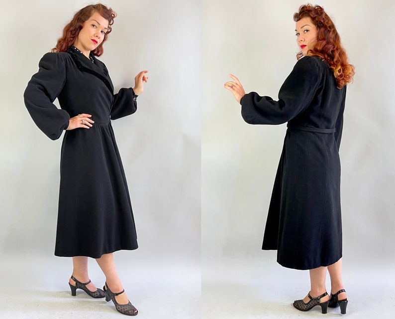 1930s Puffed with Pride Coat Vintage 30s Black Wool Balloon Sleeve Princess Overcoat with Velvet Trim and Padded Puff Shoulders Medium image 6