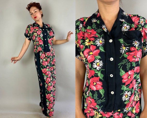 1940s Fran's Floral Lounge Set | Vintage 40s Black Coral White and Green Tiki Print Silky Rayon Hawaiian Loungewear Top and Pants | Small