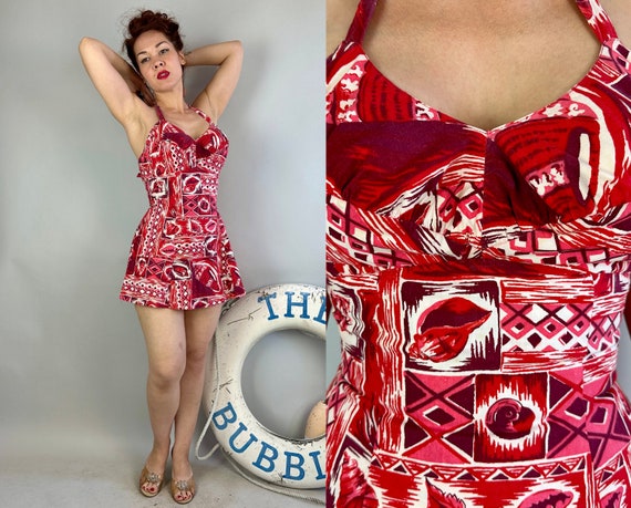 1950s Shelly in Shells Swimsuit | Vintage 50s Red and White Cotton Tiki Hawaiian Pinup Swim Playsuit Romper with Seashells | Medium