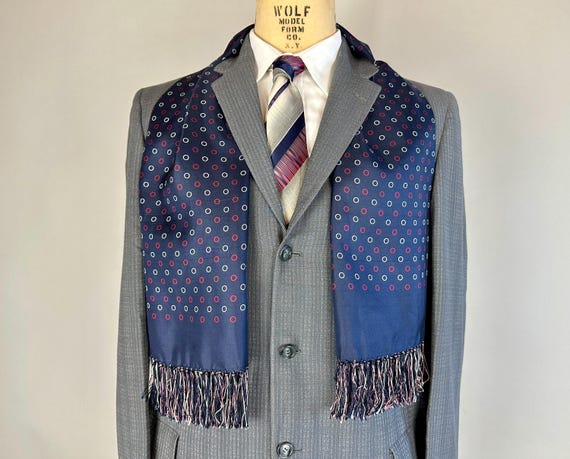 1940s Scintillating Circles Scarf | Vintage 40s Navy Blue Rayon Muffler Formal Ascot with Red and White Geometric Loops Rings and Fringe