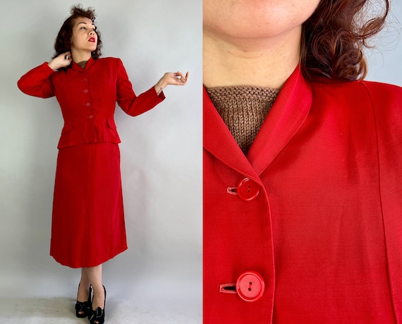 1940s Summer Heat Suit | Vintage 40s Tomato Red Rayon Faille Blazer and Pencil Skirt Ensemble with Padded Shoulders | Small