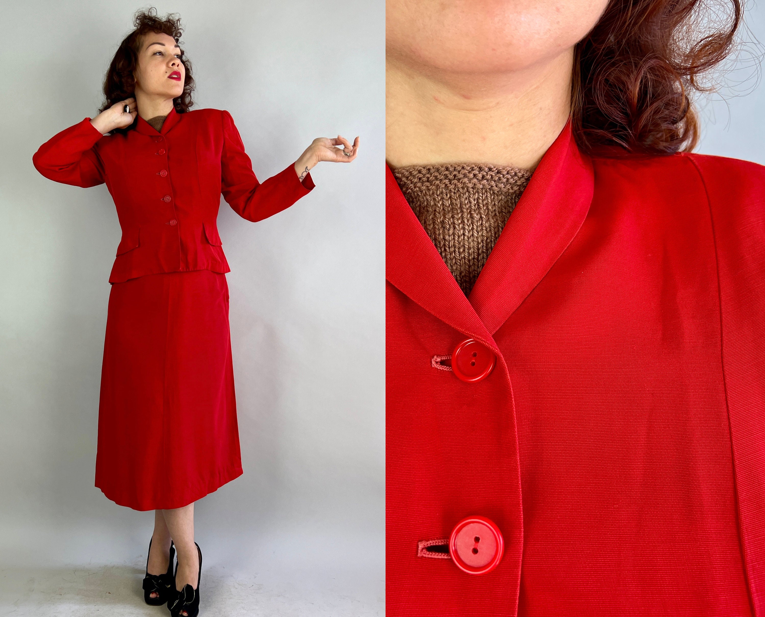 1940s Summer Heat Suit | Vintage 40s Tomato Red Rayon Faille 1940s Summer Heat Suit | Vintage 40s Tomato Red Rayon Faille