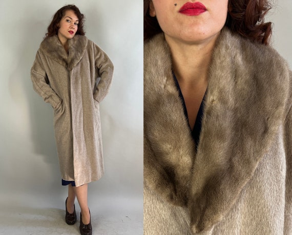1950s Silver Screen Swing Coat | Vintage 50s Taupe and Grey Wool Fur Blend Overcoat with Rabbit Shawl Collar | Large Extra Large XL