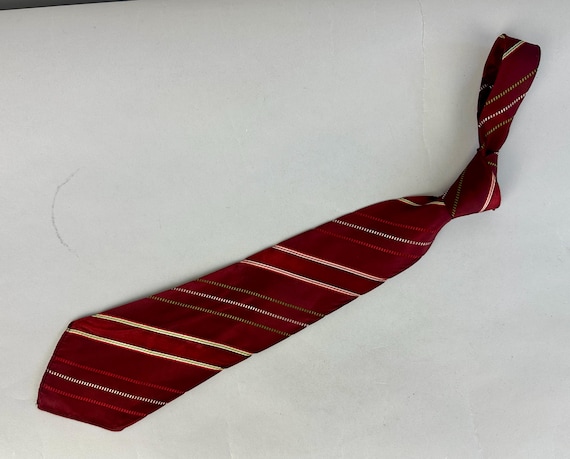 1930s Spiffy Stripes Necktie | Vintage 30s Silk Taffeta Bias Striped Self Tie Cravat in Maroon Scarlet Red White and Green
