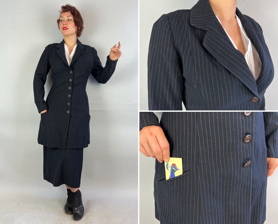 1910s Independent Lady Walking Suit | Vintage Antique Edwardian Teens Menswear Inspired Black + White Pinstripe Wool Jacket & Skirt | Small
