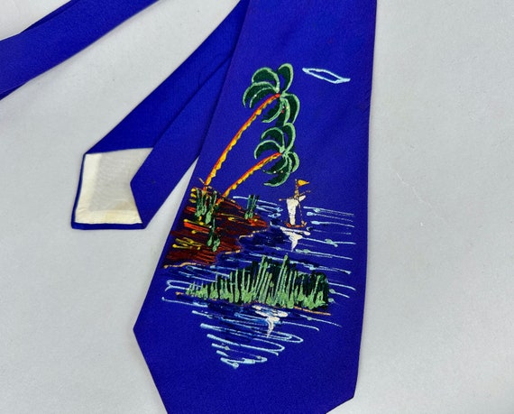 1940s Blue Lagoon Necktie | Vintage 40s Silk Cobalt Wide Self Tie Cravat w/Hand Painted Deserted Island Palm Trees Imagery w/ Raised Texture