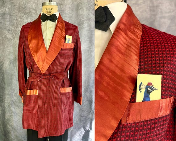1950s Chains of Love Smoking Jacket | Vintage 50s Red and Black Chain Link Net Woven Pattern Rayon Lounge Robe with Belt | Medium