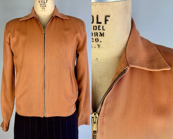 1950s Rock Around the Clock Ricky Jacket | Vintage 50s Terra Cotta Orange Rayon Gabardine Zip-Up Casual Short Coat | Size 34 Small