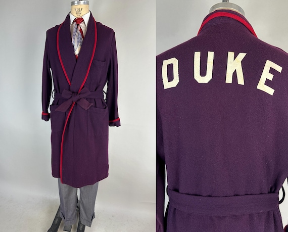1950s Duke of Earl Lounge Robe | Vintage 50s Purple Wool Flannel Evening Belted Loungewear with Red Piping & White Lettering | Medium/Large