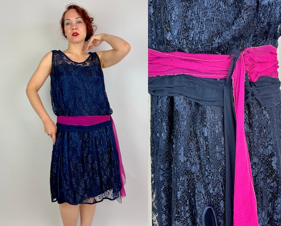 1920s The Flapper's Frivolity Frock | Vintage 20s Navy Blue Lace Overlaid Silk Party Dress w/Fuchsia Chiffon Sassy Hip Scarf | Medium Large