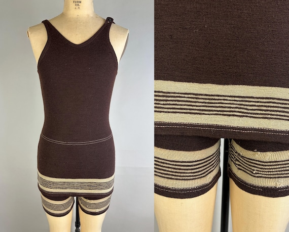 1920s Cream in Your Coffee Bathing Suit | Vintage Antique 20s Brown & Beige Stripe Wool Knit One Piece Swimsuit | Small Medium Large
