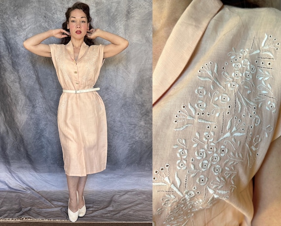 1940s Candy Floss Cool Dress | Vintage 40s Pale Pink Linen Summer Day Frock with White Floral Embroidery Openwork Accents | Extra Large XL