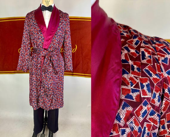1940s Suave Stan Smoking Jacket | Vintage 40s Red Blue and White Rectangle Maze Print Rayon Satin Lounge Robe with Sash Belt | Small