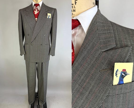1940s Sharp as a Birdseye Suit | Vintage 40s Black and White Birdseye Weave Wool Double-Breasted Peak Lapel Two-Piece Set | Size 38 Medium