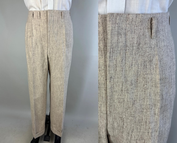 1940s Fashionable Flecked Trousers | Vintage 40s Heathered Oatmeal Wool Pants Slacks with Flecks and Hollywood Waist | Size 34x29.5 Medium