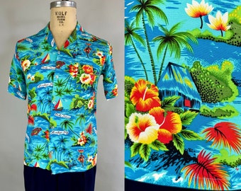 1950s Jammin' in Jamaica Shirt | Vintage 50s Rayon Tropical Tiki Button Up Shirt in Blue Red and Green with Island Names | Small
