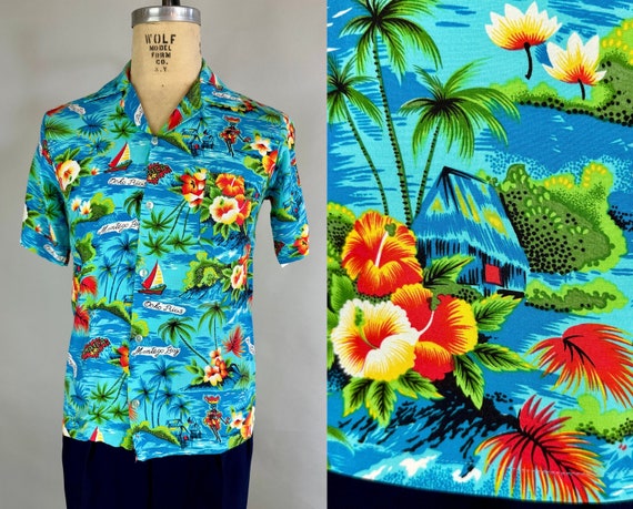 1950s Jammin' in Jamaica Shirt | Vintage 50s Rayon Tropical Tiki Button Up Shirt in Blue Red and Green with Island Names | Small