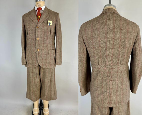 1920s Redwood Romp Belted Back Knickers Suit | Vintage 20s Beige Wool Tweed Belted-Back Jacket & Trousers Two-Piece Set | Size 42 Large