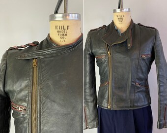 1930s Daredevil Dan Leather Jacket | Vintage 30s Black Motorcycle Jacket with Red Accents Quilting & Cafe Racer Collar | Small Medium
